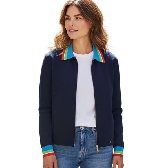St John Sport Santana Knit Sweater Jacket M Blue Striped Collar Full Zip Luxury - Picture 1 of 16